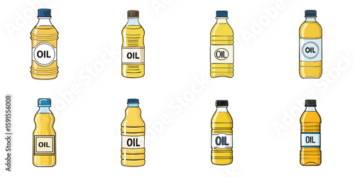 Multiple vector illustrations of plastic or glass bottles labeled with OIL