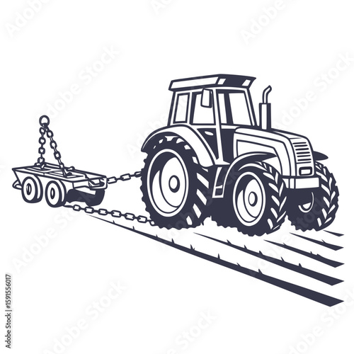 Dark blue tractor towing trailer with chains agriculture