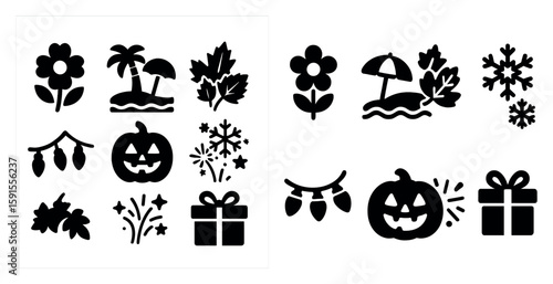 Set of Halloween and Christmas decorations. The Halloween decorations include a pumpkin, a ghost, and a jack-o-lantern. The Christmas decorations include a tree, a star, and a snowflake