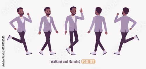 Stylish dark skin man wearing purple blazer running pose set. Elegant chic pants, sneakers, beard, glasses and gold chain, fashionable modern urban look, hurry. Vector flat style cartoon illustration