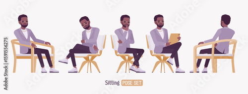 Stylish dark skin man wearing purple blazer sitting pose set. Elegant chic pants, sneakers, beard, glasses, gold chain, fashionable modern urban look, session. Vector flat style cartoon illustration