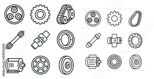 Collection of mechanical parts and gears. The image is a collection of various mechanical parts and gears, including gears, bolts, and other mechanical components