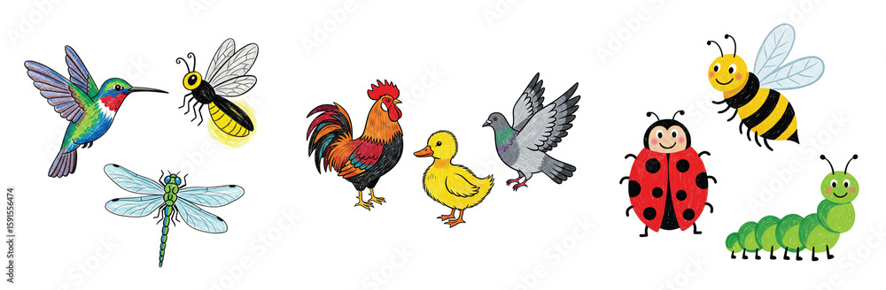 Vibrant collection of charming cartoon birds and insects: a brilliant hummingbird, glowing firefly, elegant dragonfly, proud rooster, cute duckling, soaring pigeon, busy bee, happy ladybug Vibrant collection of charming cartoon birds and insects: a brilliant hummingbird, glowing firefly, elegant dragonfly, proud rooster, cute duckling, soaring pigeon, busy bee, happy ladybug