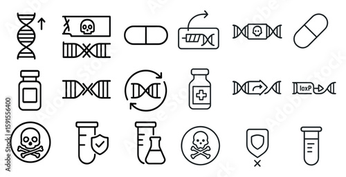 Set of medical symbols and icons, including DNA, pills, and a skull. Concept of science and medicine, with the various symbols representing different aspects of the field