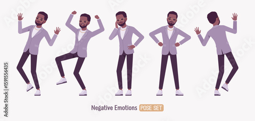 Stylish dark skin man wearing blazer unhappy negative pose set. Elegant chic pants, sneakers, beard, glasses, gold chain, fashionable modern urban look, anger. Vector flat style cartoon illustration