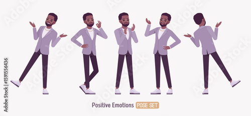 Stylish dark skin man wearing blazer happy positive pose set. Elegant chic pants, sneakers, beard, glasses, gold chain, fashionable modern urban successful look. Vector flat style cartoon illustration