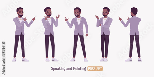 Stylish dark skin man wearing blazer presentation speaker pose set. Elegant chic pants, sneakers, beard, glasses and gold chain, fashionable modern urban look. Vector flat style cartoon illustration