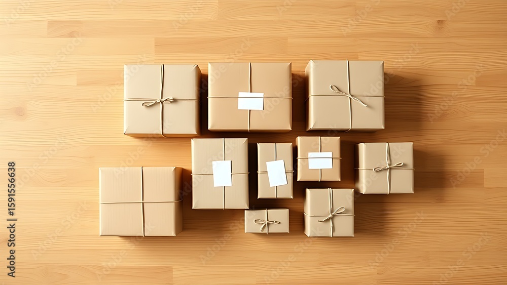 Obraz premium Minimalist arrangement of package boxes on wood, showcasing a clean e-commerce concept.