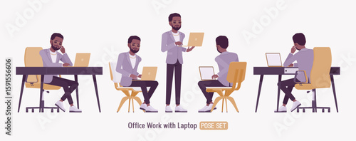 Stylish dark skin man wearing blazer office work pose set. Elegant chic pants, sneakers, beard, glasses and gold chain, fashionable modern urban business look. Vector flat style cartoon illustration