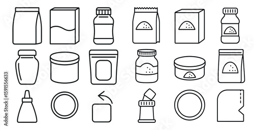 Set of food items including a jar, a bag, a box, and a container. The items are all lined up in a row, with some of them being closer to the viewer and others further away