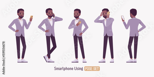 Stylish dark skin man wearing blazer smartphone talk pose set. Elegant chic pants, sneakers, beard, glasses and gold chain, fashionable modern urban look chat. Vector flat style cartoon illustration