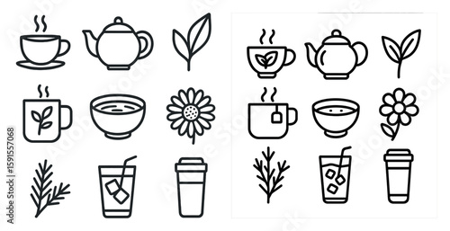 Variety of coffee-related items, including cups, teapots, and bowls. Scene is that of a cozy, relaxing atmosphere, with the cups and teapots suggesting a warm beverage