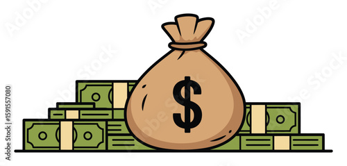 Bag of money with stacks of cash and dollar sign illustration