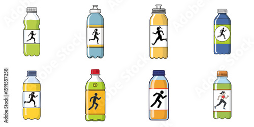 Multiple vector illustrations of plastic or glass bottles labeled with running person silhouette, sports drink

