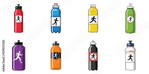 Multiple vector illustrations of plastic or glass bottles labeled with running person silhouette, sports drink

