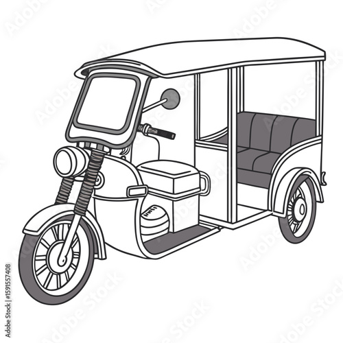 Gray and white auto rickshaw with canopy and seats three wheeler motorized vehicle