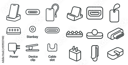 Collection of icons for various electronic devices and accessories. The icons are all in black and white and include a phone, charger, and other items. Scene is one of organization and simplicity