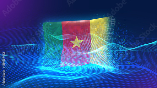 Cameroon A futuristic digital background merging with a national flag symbol, representing the concept of technology, innovation, and digital transformation while preserving cultural identity.