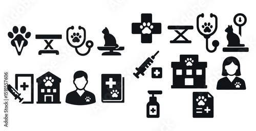 Collection of medical symbols and icons. The icons include a stethoscope, a syringe, a hospital building, a house, a person, and a cat