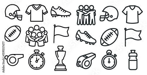 Collection of sports icons and symbols, including a football, a referee, and a trophy. Concept of teamwork and competition
