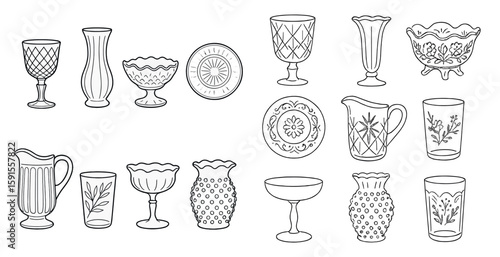 Set of 12 different types of glassware, including cups, vases, and pitchers. The pieces are all drawn in black and white, giving the image a classic and timeless feel. The variety of shapes