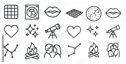 Collection of icons including a heart, a camera, a clock, a fire, a star, and a person