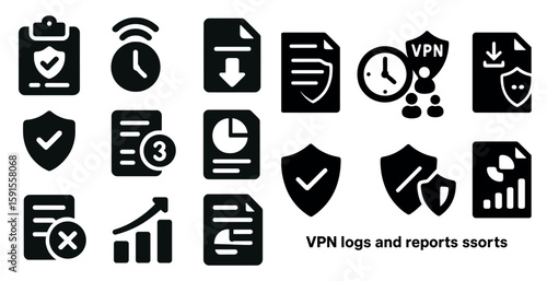 Collection of icons for VPN logs and reports. The icons include a clock, a check mark, a down arrow, and a shield
