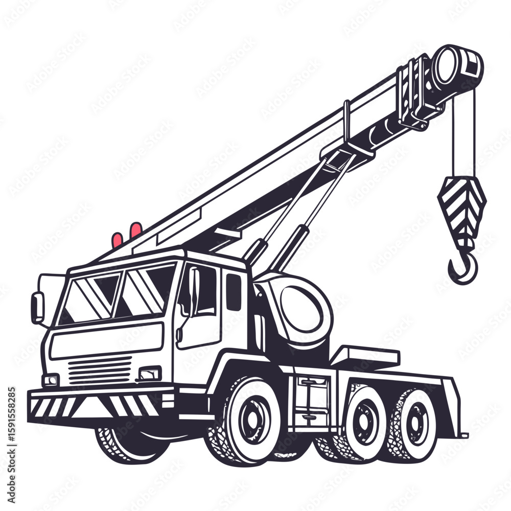 Naklejka premium Heavy duty crane truck with extended boom and hook heavy equipment construction vehicle