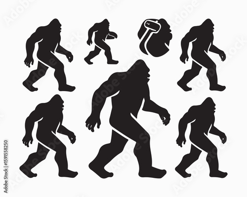 Bigfoot silhouette, mythical creature silhouette sequence. Ideal bigfoot for cryptozoology, folklore enthusiasts. Mysterious walking beast, legend, Sasquatch, Yeti, enigma, shadowy figure