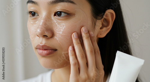 Wallpaper Mural A young Asian woman with dewy skin applies a clear hydrating gel to her cheek from a white tube. Torontodigital.ca