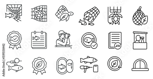 Set of icons for various things related to fishing and seafood. The icons include a fish, a man with a camera, a fishnet, a fishnet cage, a fish on a plate, a fish on a fork