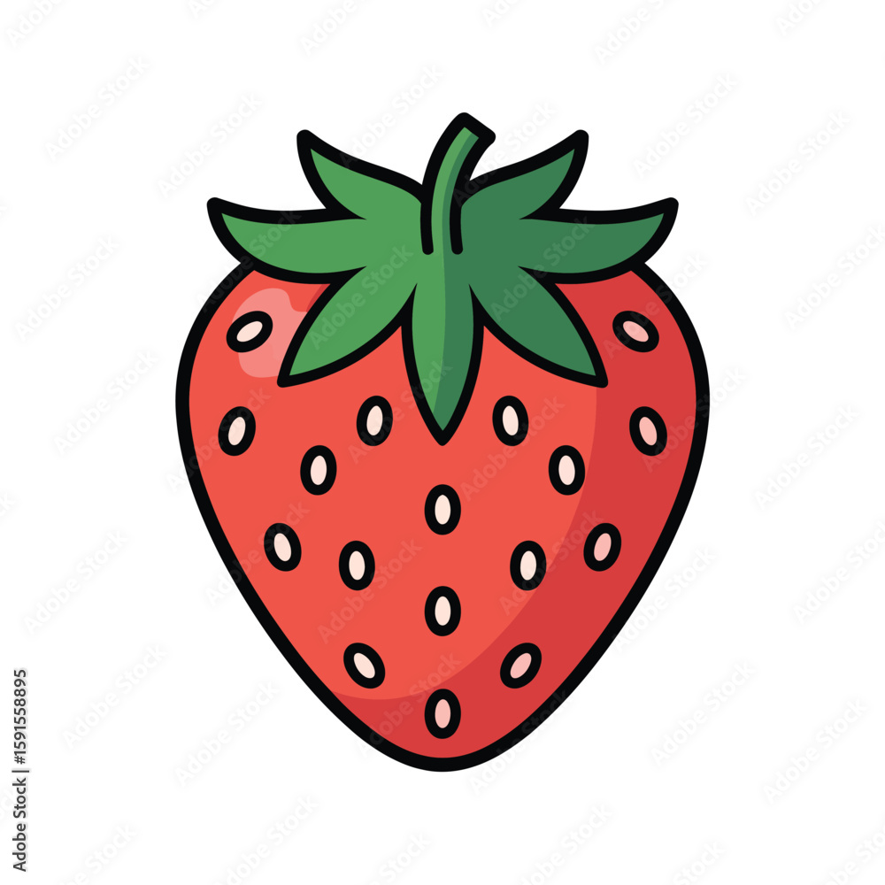 Obraz premium A simple stylized cartoon illustration of a ripe red strawberry with green leaves
