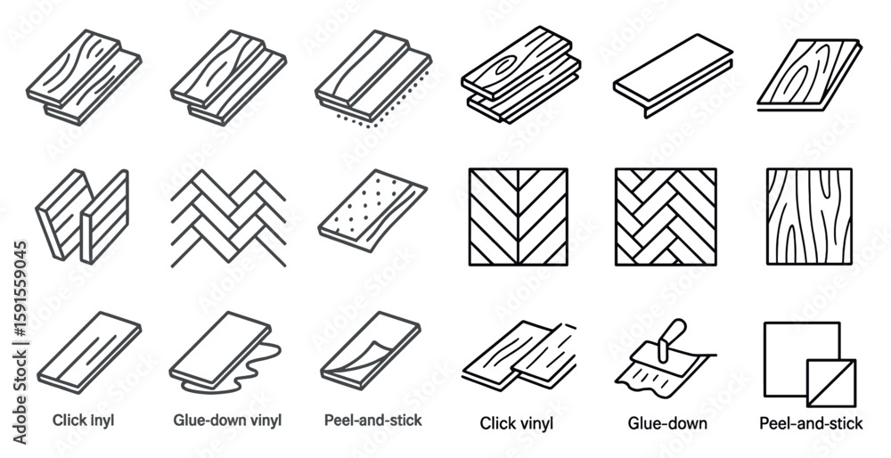 Set of images of different types of wood flooring. The images are all in black and white and are arranged in a grid. The images include clicky, glue down, peel and stick, and click vinyl