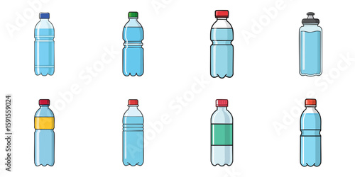 Multiple vector illustrations of plastic or glass bottles containing water