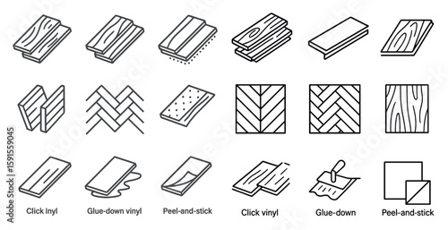 Set of images of different types of wood flooring. The images are all in black and white and are arranged in a grid. The images include clicky, glue down, peel and stick, and click vinyl