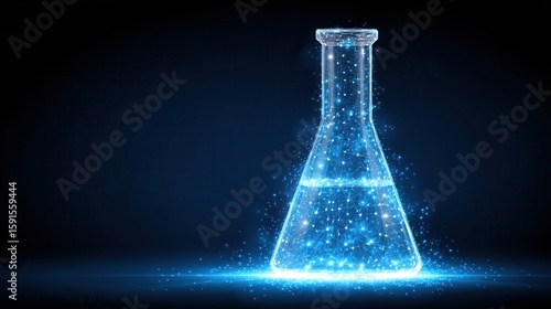 Glowing blue chemical reaction in glass flask