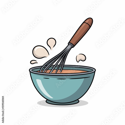 Cartoon whisk mixing batter in a blue bowl with splashes of liquid