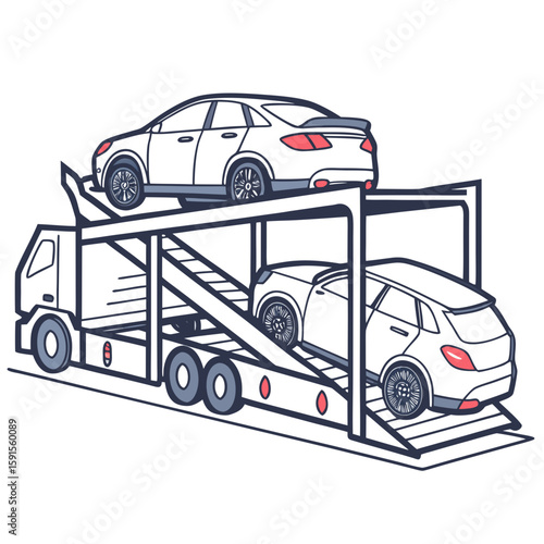 White cars on multi level transport trailer car transporter