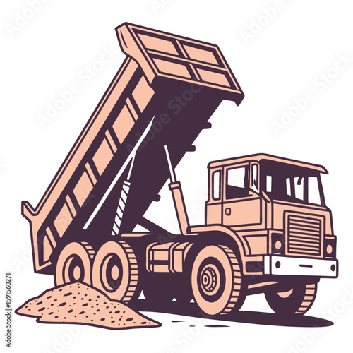 Peach and purple dump truck unloading dirt construction vehicle
