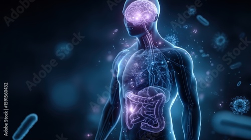 Dynamic human anatomy illustration showcasing organs and systems illuminated against a dark background