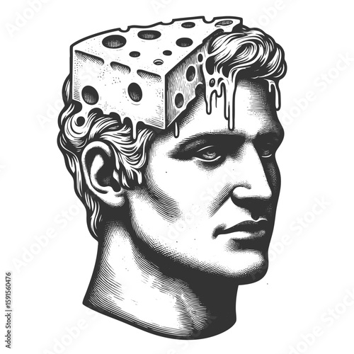 Cheese Head sketch engraving generative ai fictional character vector illustration. Scratch board imitation. Black and white image.