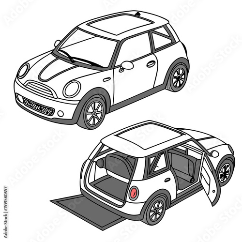 White mini car with open doors and trunk automobile