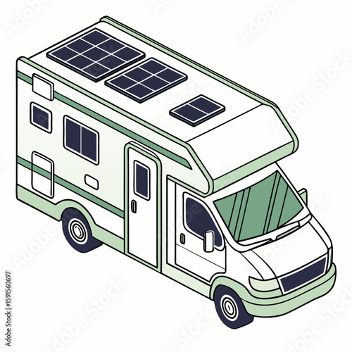 White green recreational vehicle with solar panels