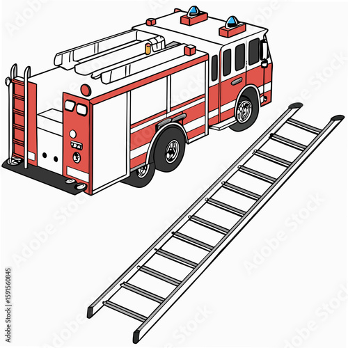 Red and white fire engine with rescue ladder fire truck emergency vehicle