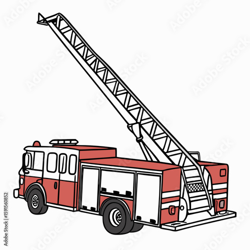 Red and white fire engine with extended ladder fire truck emergency vehicle