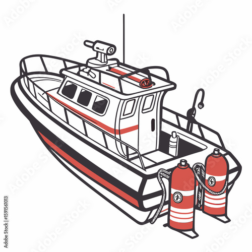 Red and white rescue boat with scuba gear scuba diving watercraft