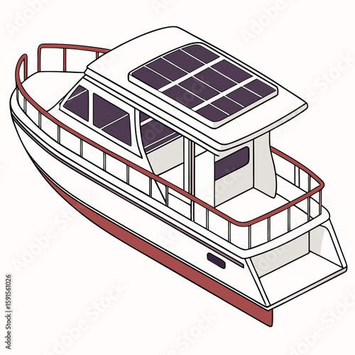White motorboat with solar panels and red accents yacht