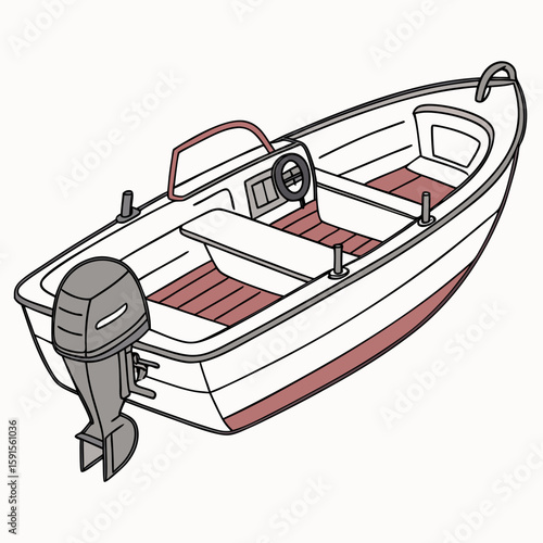White motorboat with grey outboard engine and red accents