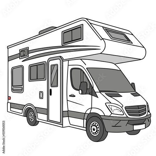 White motorhome with extended cab and tinted windows
