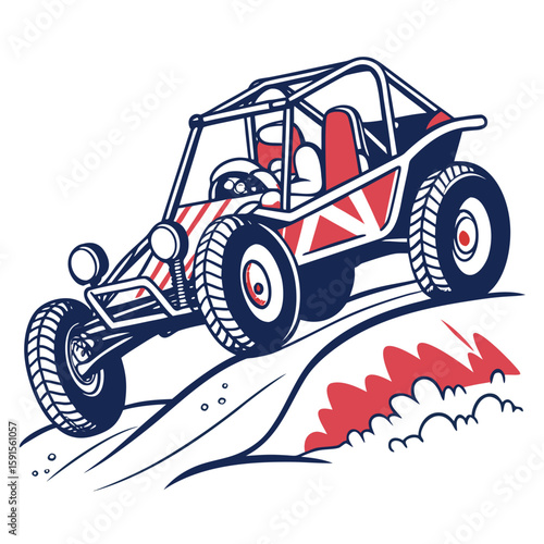 Red blue dune buggy racing on dirt track off road vehicle